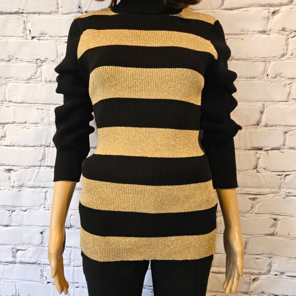 Lauren by Ralph Lauren - Black & gold long sleeve striped turtleneck sweater - Picture 7 of 12